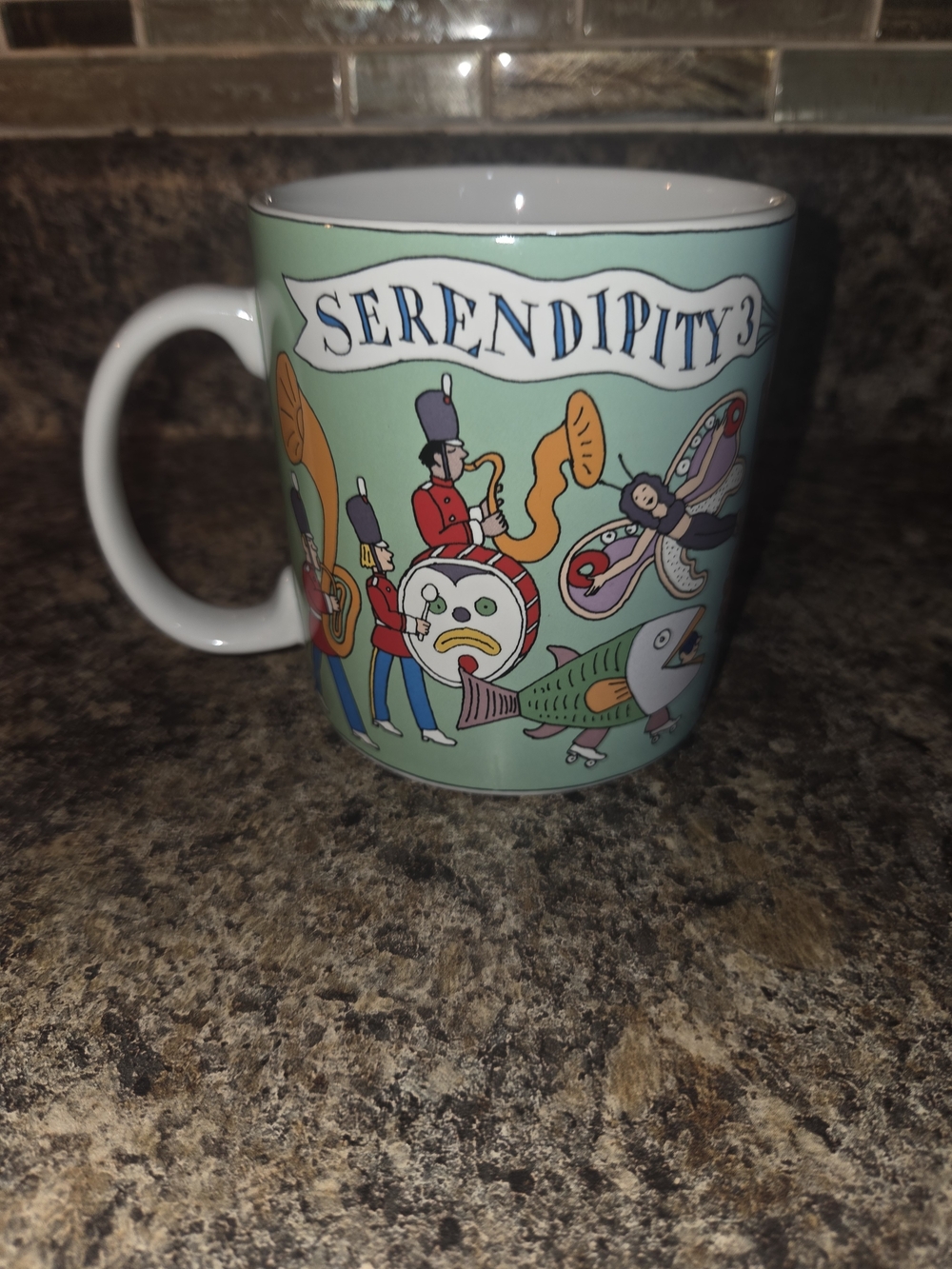 Serendipity 3 Mint Green Ceramic Mug with Whimsical Parade Design